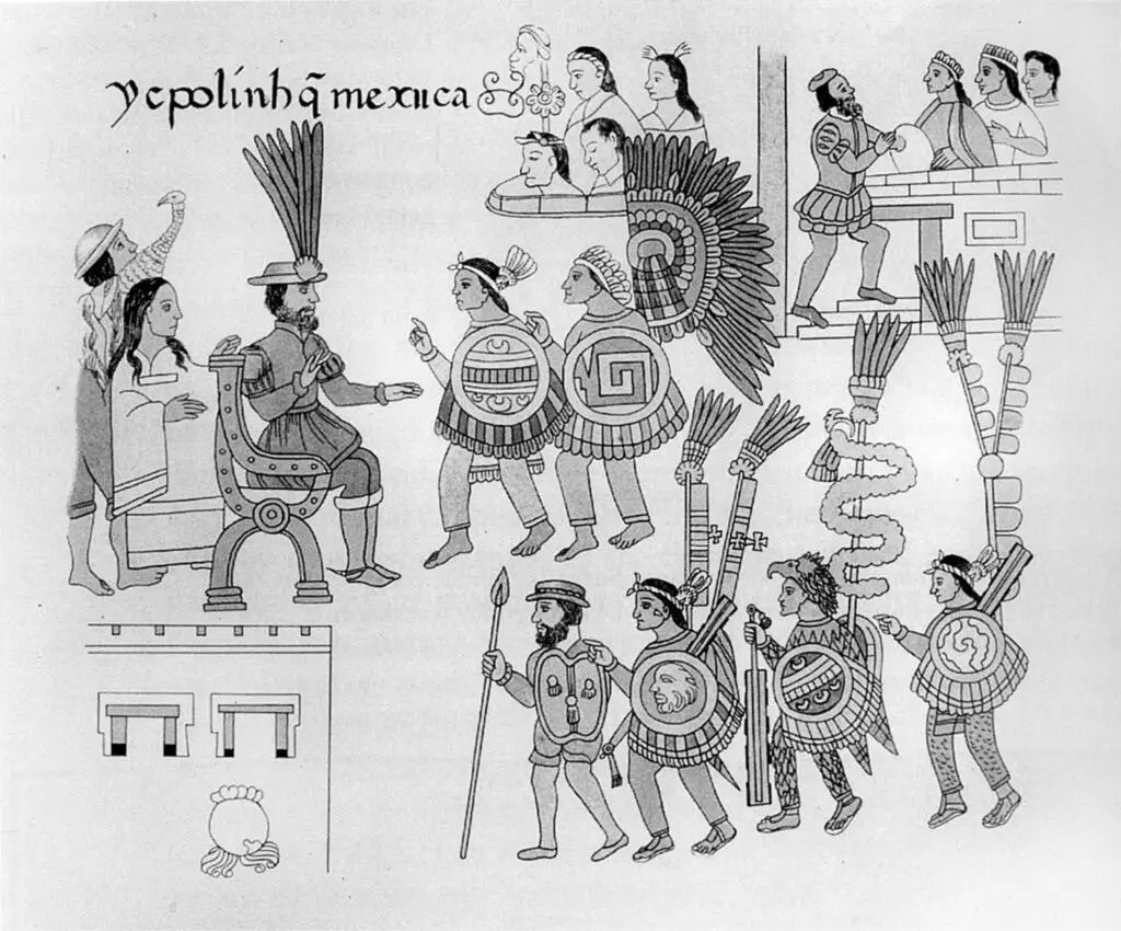 Ацтекская иллюстрация XVI века изображающая капитуляцию Куаутемока последнего - фото 19
