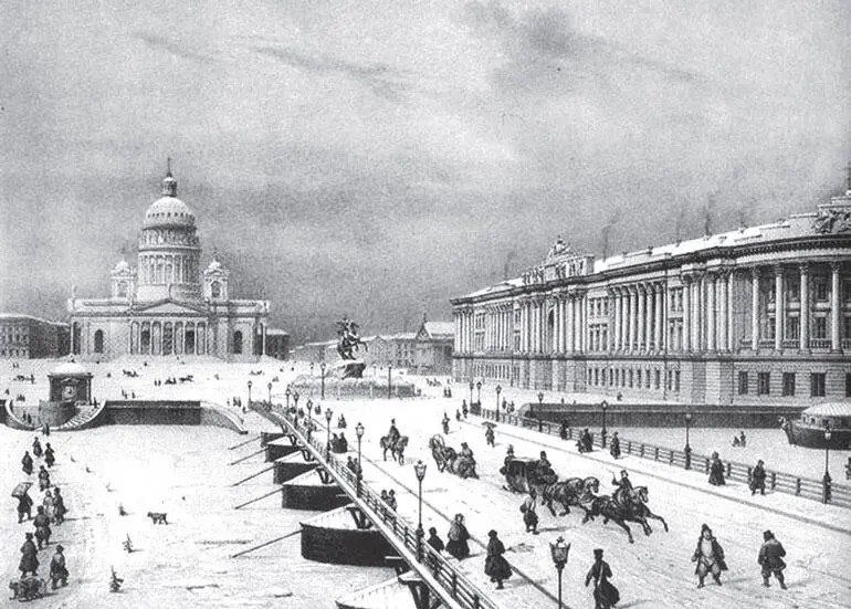 Сенатская площадь Исаакиевский мост и Исаакиевский собор Литография Бишбуа - фото 152