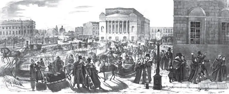 Разъезд из Александринского театра Литография РК Жуковского 1843 г - фото 347