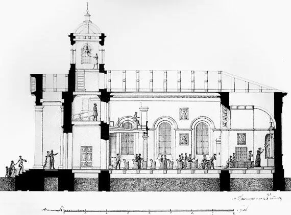 Николаевская кирха Продольный разрез Чертеж Абака и карниз портика - фото 192