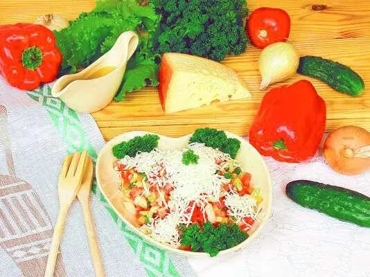 Продукты 1 свежий огурец 1 помидор 1 красный болгарский перец 60 г сыра - фото 66