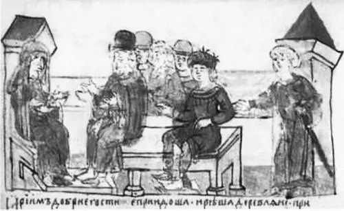 Княгиня Ольга принимает древлянских послов Миниатюра Радзивиловской летописи - фото 11