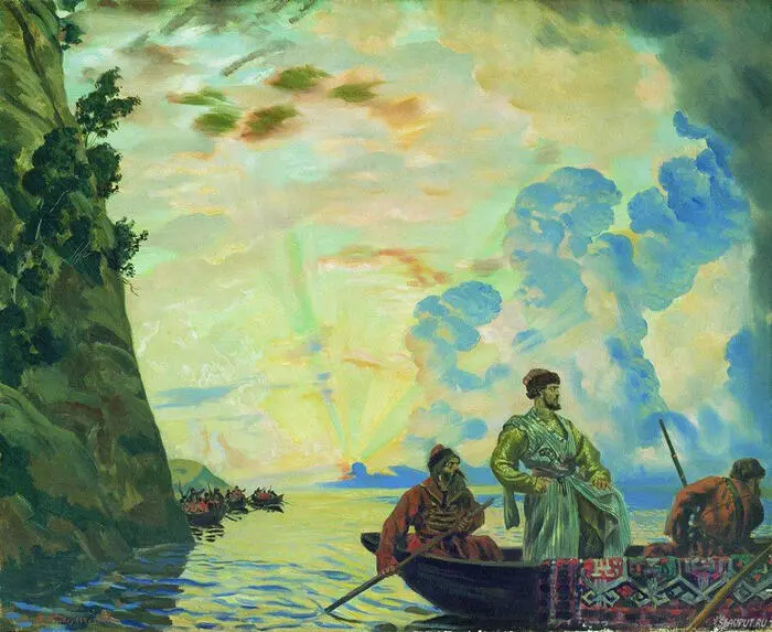 Б Кустодиев Степан Разин 1918 г Как на лодке гребцы удалые Казаки - фото 4