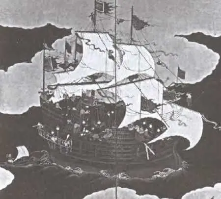 Португальский корабль XVII в Старинная японская гравюра Японские аркебузы - фото 15