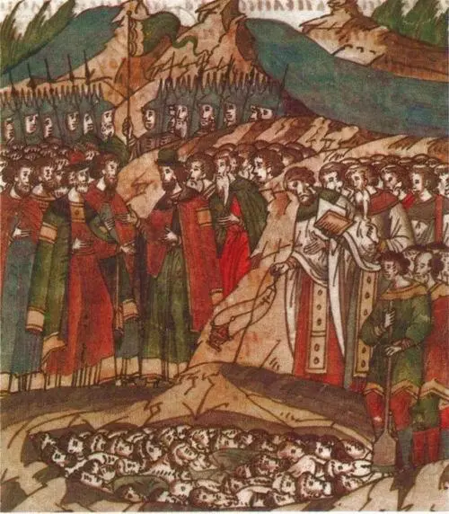 Погребение павших в битве православных воинов Миниатюра из русской летописи - фото 72
