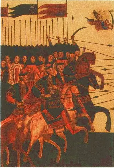 Новгородские воины фрагмент новгородской иконы середины XV в Новгородцы - фото 111