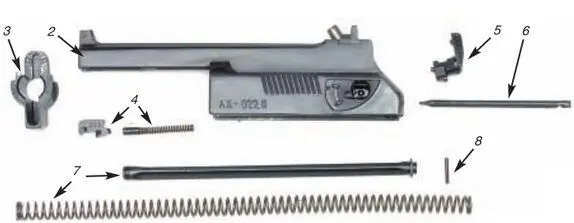 Детали полной разборки пистолета ПСС 1 рамка со стволом 2 затвор 3 - фото 36