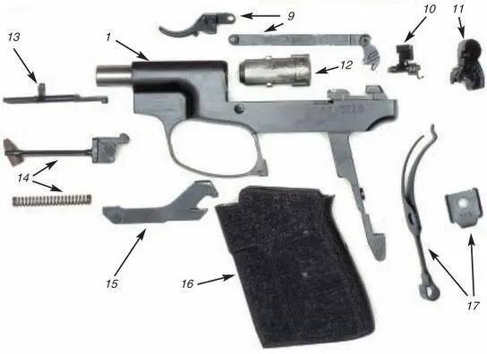 Детали полной разборки пистолета ПСС 1 рамка со стволом 2 затвор 3 - фото 37