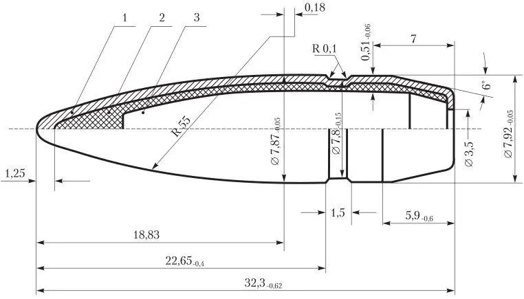 Чертёж 762мм пули со стальным сердечником имеющим задний конус Донная - фото 4