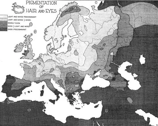 Пигментация расовых типов в Европе и прилегающих районах по К Куну - фото 26