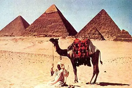 Погонщик верблюда молится около трех великих пирамид Гизы Справа налево - фото 39