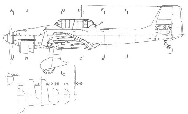 Ju 87 В2 Сечения фюзеляжа Ju 87 В2 вид на левую сторону фюзеляжа крыло - фото 46