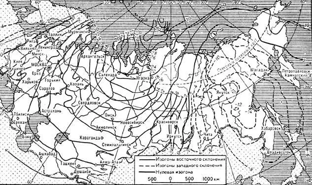 Рис 26 Схематическая карта магнитного склонения на территории СССР Если - фото 32
