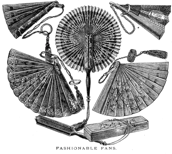 Модные веера Рисунок из журнала Деморестс 1878 Парасоли Зонтики - фото 54