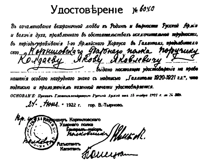 Удостоверение на право ношения особого нагрудного знака с надписью Галлиполи - фото 7
