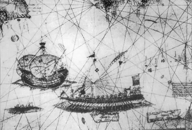 Португальская галера и каравелла Фрагмент с карты Гратиозо Бенинказе 1482 г - фото 2