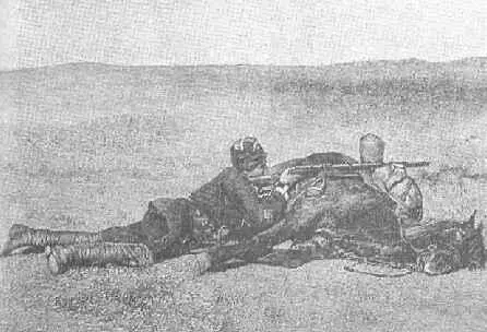 Казак стреляет под прикрытием лежащего коня Казнённый хунхуз - фото 9