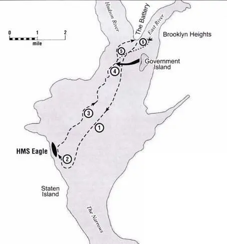 Вероятный маршрут атаки подводной лодкой Turtle корабля Eagle 6 сентября 1776 - фото 4