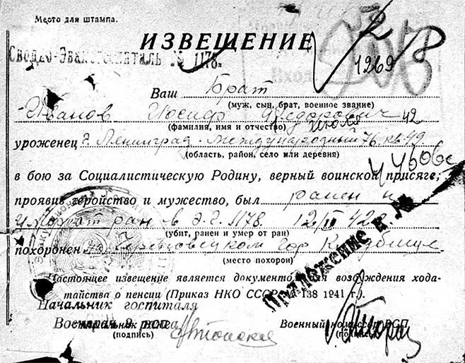 Извещение о смерти И Ф Иванова Публикуется впервые Г Ф Быстряков - фото 188