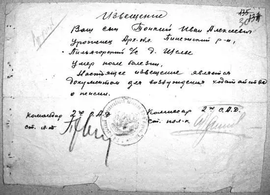 Извещение о гибели Тонкого Ивана Алексеевича Приведённое фото извещения 2го - фото 69