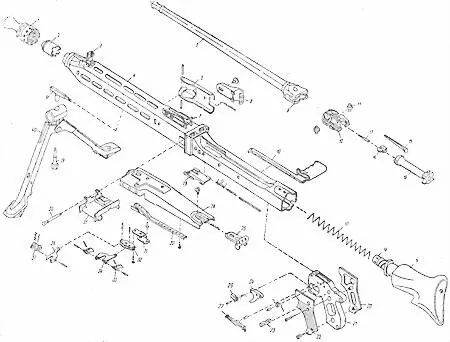 Детали и сборки пулемета MG42 1 дульное устройство 2 дульная втулка 3 - фото 315