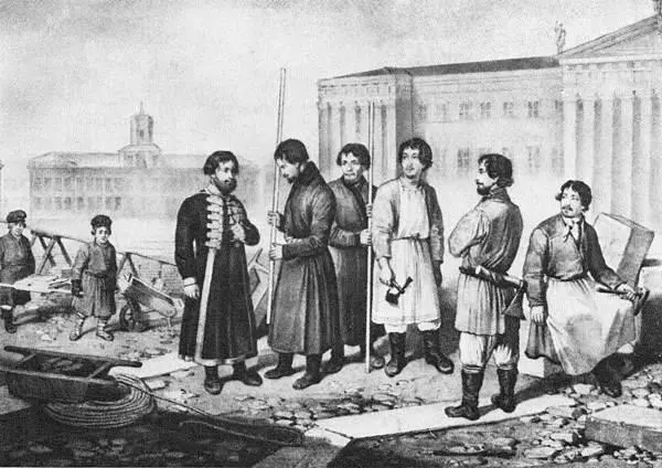 Групповой портрет рабочихстроителей Литография Байо по рисунку Монферрана - фото 119