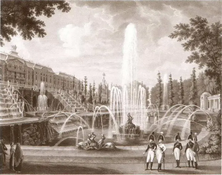 Петергоф Фонтан Самсон Гравюра Ивана Ческого 1801 г Среди гуляющих - фото 7