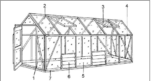 Рис 23 Теплица с двускатной крышей 1 торцевая стена с дверью 2 крыша - фото 27
