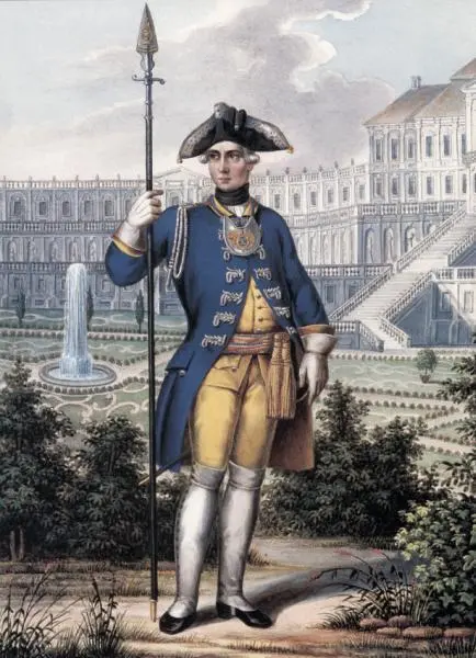Офицер Мушкетерского принца Вильгельма полка 1762 г Раскрашенная гравюра - фото 76
