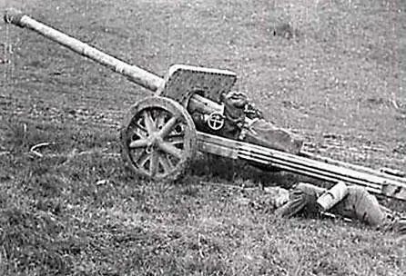 Убитый немецкий солдат возле 75мм противотанкового орудия PaK 40 Утром 15 - фото 341