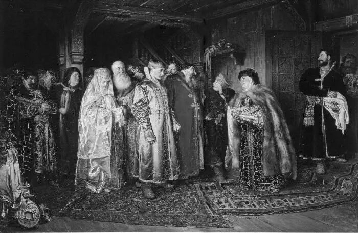 К Лебедев Боярская свадьба 1883 г В церкви венчающихся водят вокруг - фото 180