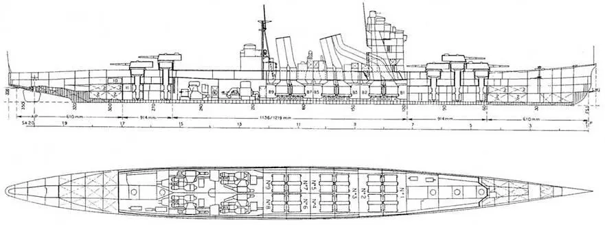Тяжелый крейсер Миоко 1929 г Продольный разрез и план трюма с указанием - фото 38