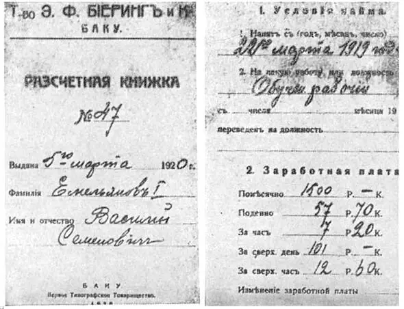 Расчетная книжка В Емельянова на телефонной станции в Баку 1920 г Перед - фото 13