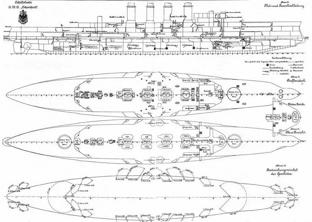 Броненосный крейсер Шарнхорст Сечение по ДП с указанием трубопроводов - фото 5