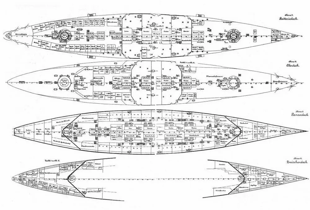Броненосный крейсер Шарнхорст планы палуб Через отсек проходили обе - фото 6