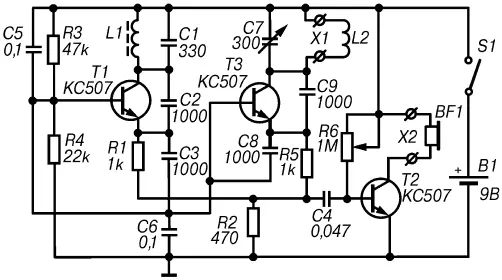 Рис 21 Принципиальная схема простого транзисторного металлоискателя В - фото 8