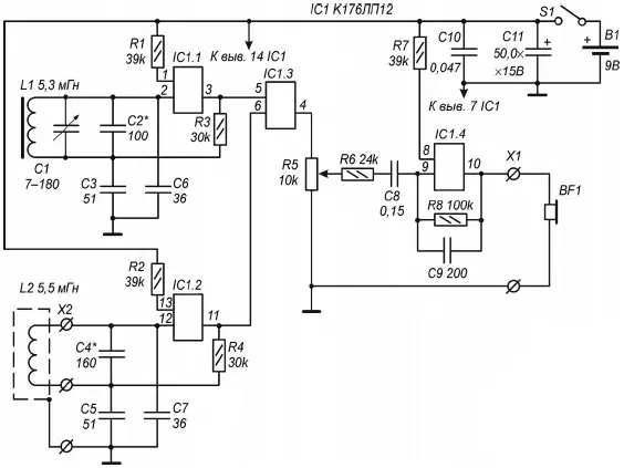 Рис 38 Принципиальная схема металлоискателя на микросхеме К176ЛП2 Основу - фото 32