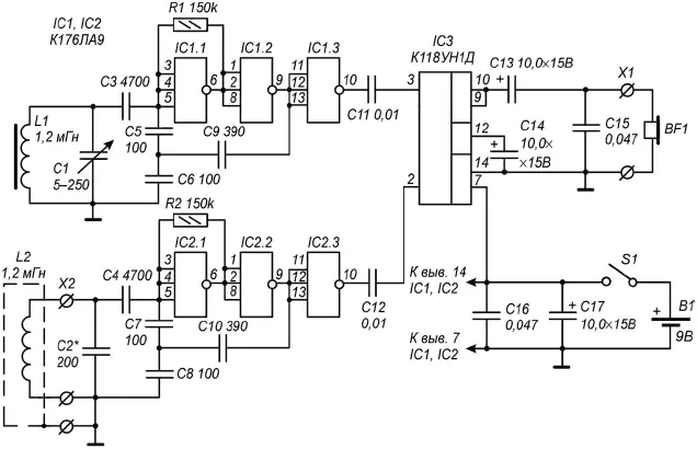 Рис 310 Принципиальная схема металлоискателя на трех микросхемах В - фото 34