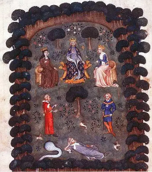 Карл V Мудрый на троне между двумя королевами на переднем плане клирик - фото 20