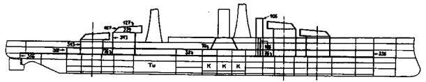 Линейный корабль Pennsylvania 1918 г Продольный разрез и сечение в районе - фото 84