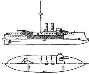 Броненосец Kronprinz Erzherzog Rudolf Наружный вид и план батарейной палубы - фото 25