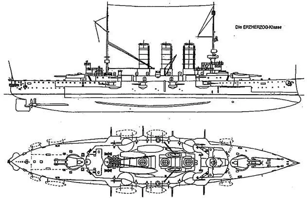 Броненосцы типа Erzherzog Karl Наружный вид и вид сверху Устройство - фото 17