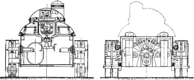 Проект колесногусеничного танка ТА2 поперечные разрезы по боевому и моторному - фото 66