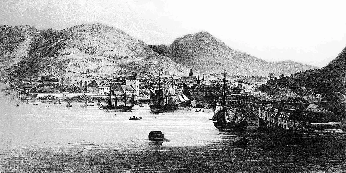 Берген и округ Хордаланн Автор Кристиан Тонсберг Гравюра 1848 год Старый - фото 93
