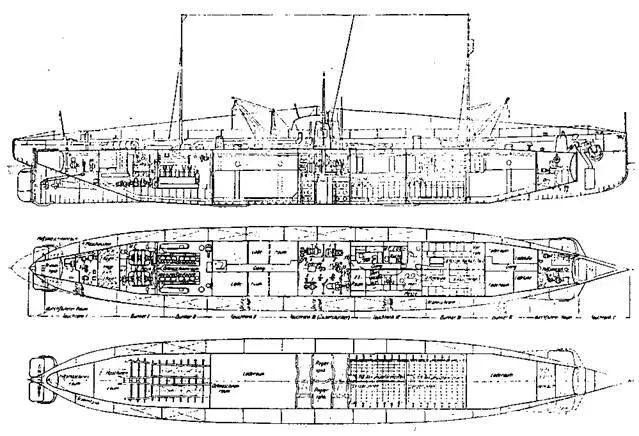 Транспортная подводная лодка Дейчланд продольный разрез и планы палуб - фото 8