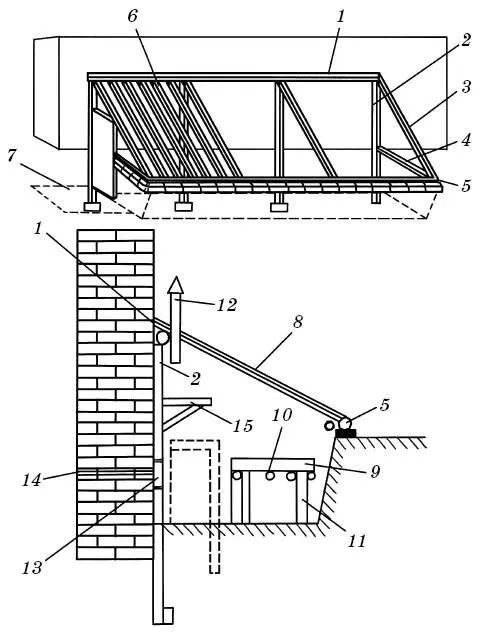Рис 13 Схема пристенной теплицыверанды 1 и 5 лежни 2 стойки 3 - фото 30