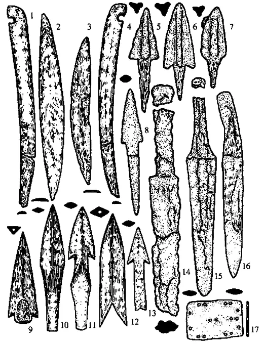 Рис 16 Оружие воинов буланкобинской культуры 14 костяные накладки на - фото 16