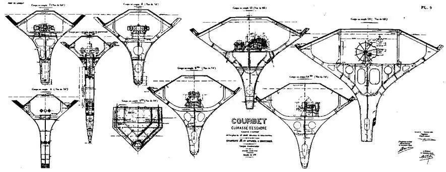 Линейный корабль Курбэ 1914 г Поперечные сечения корпуса в районе - фото 32