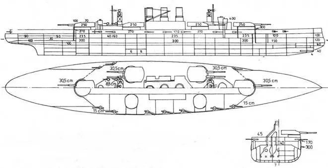 Линейные корабли типа Гельголанд 1912 г Продольный разрез и планы палуб с - фото 2