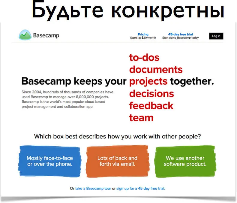 Та же компания Basecamp построила свои тексты предлагая конкретные решения - фото 57